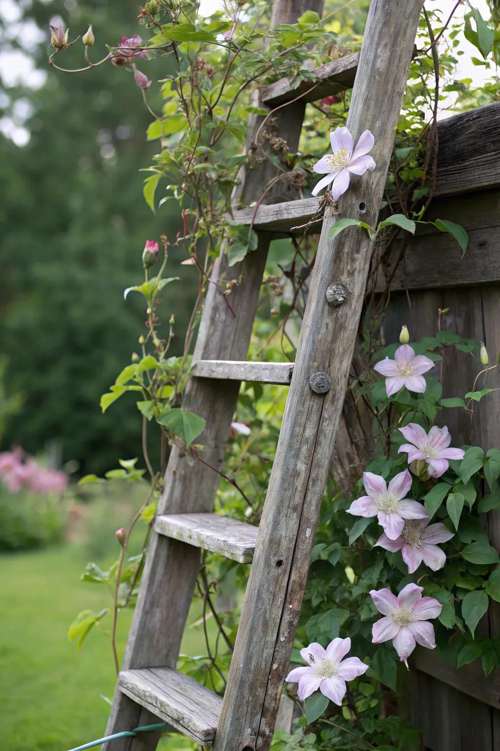 A re-purposed ladder functions as an enchanting trellis for clematis development.