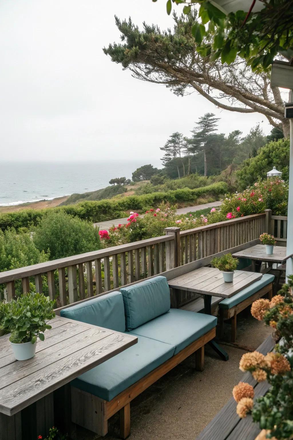Open-air seating spots encourage relaxation in a coastal setting.
