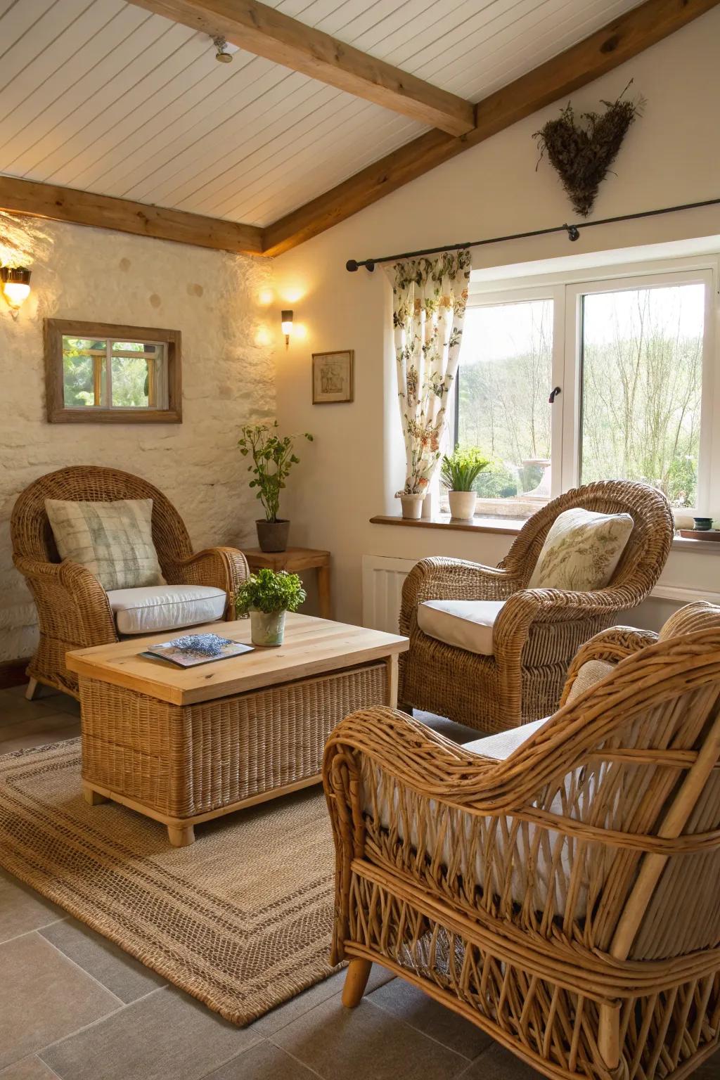 Wicker and cane evoke a carefree coastal atmosphere.