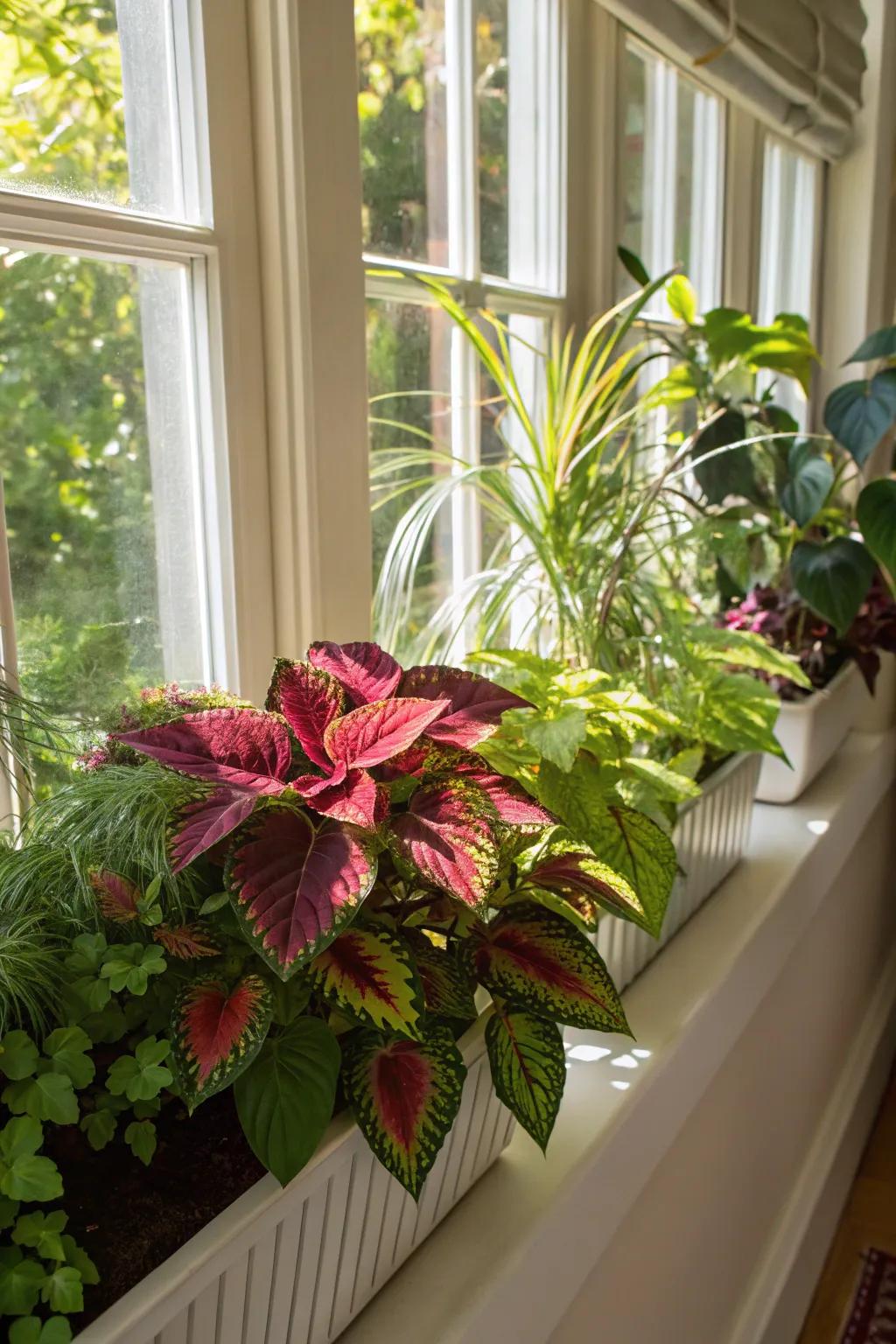 Tropical greenery combined with fancy foliage creates an exotic window display.