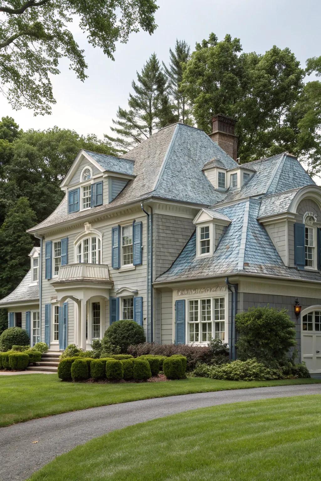 Colonial home with a sophisticated gray and blue palette.