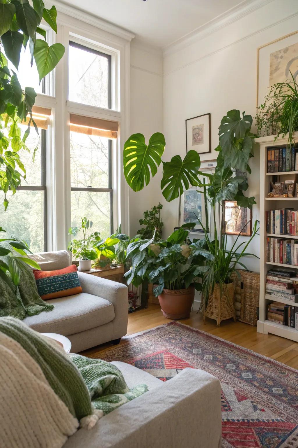 Lively green botanicals bring life and vitality into this bright and airy lounge area.