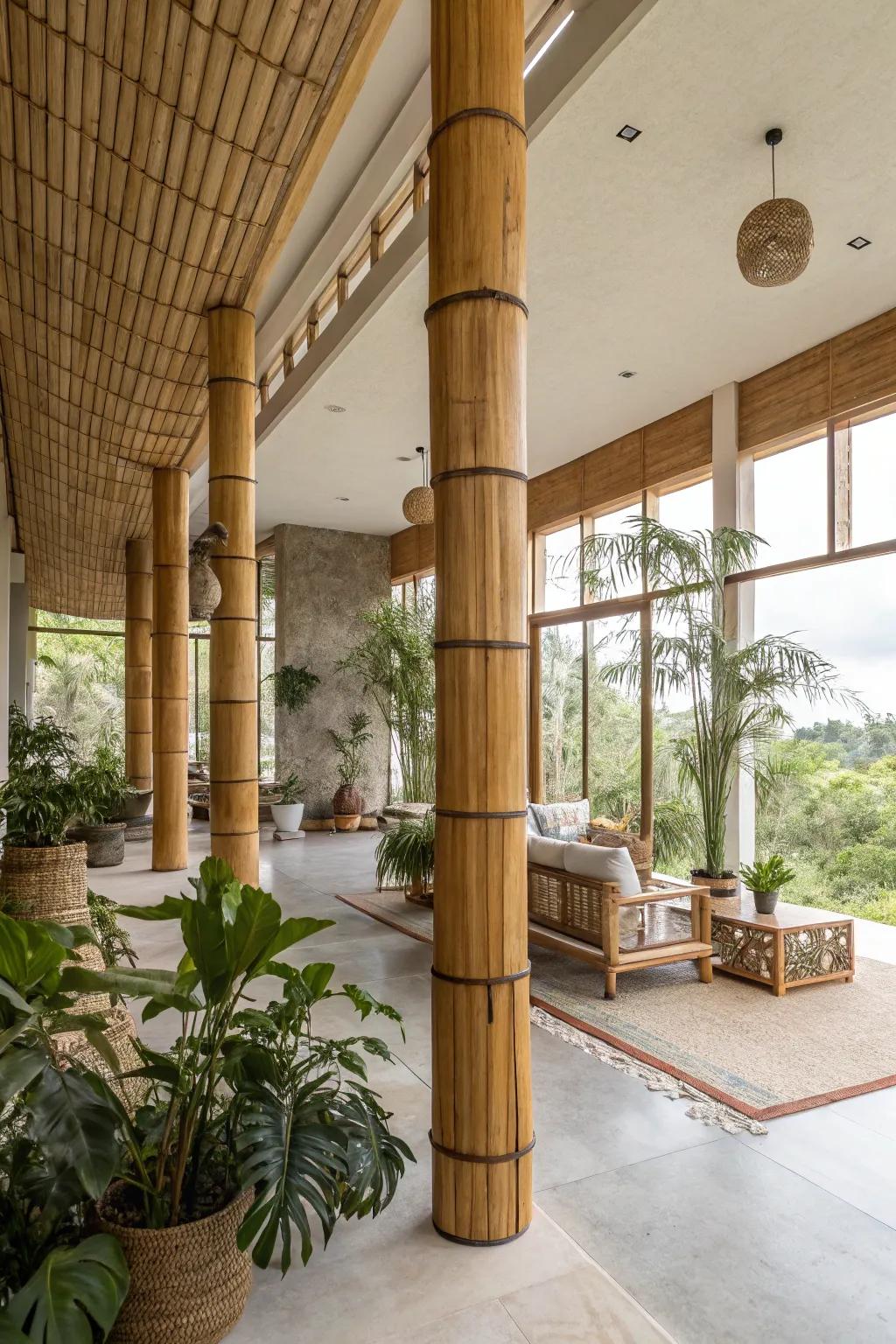 Bamboo columns adding an eco-friendly touch to a modern living area.