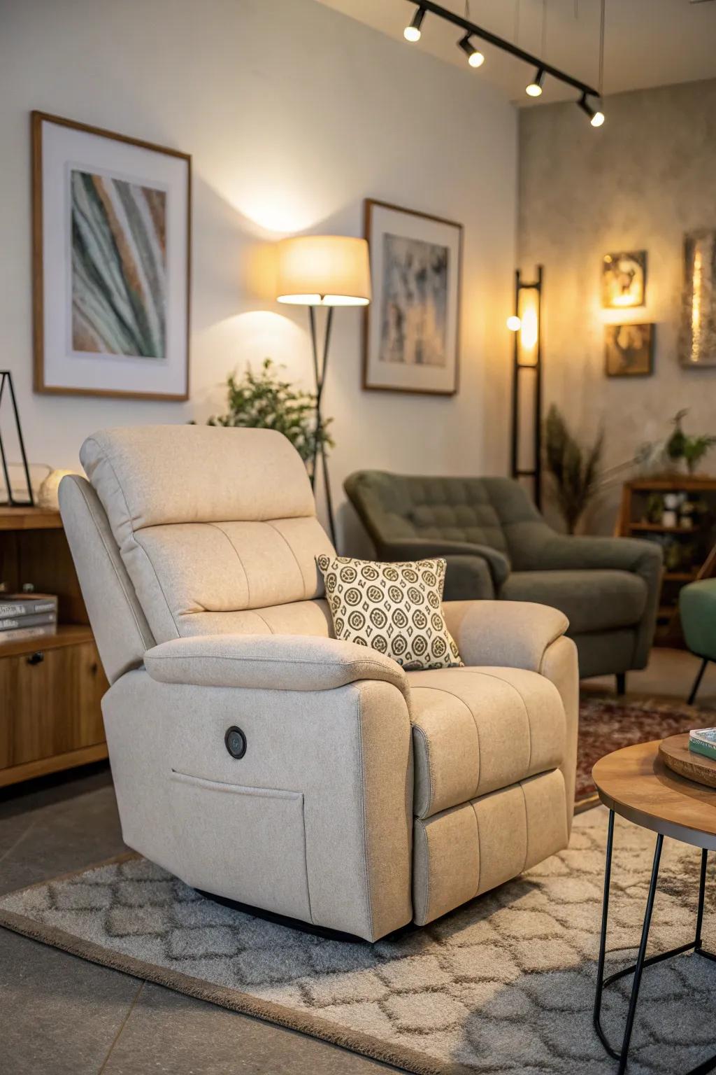 A small recliner sofa perfect for relaxation in compact spaces.