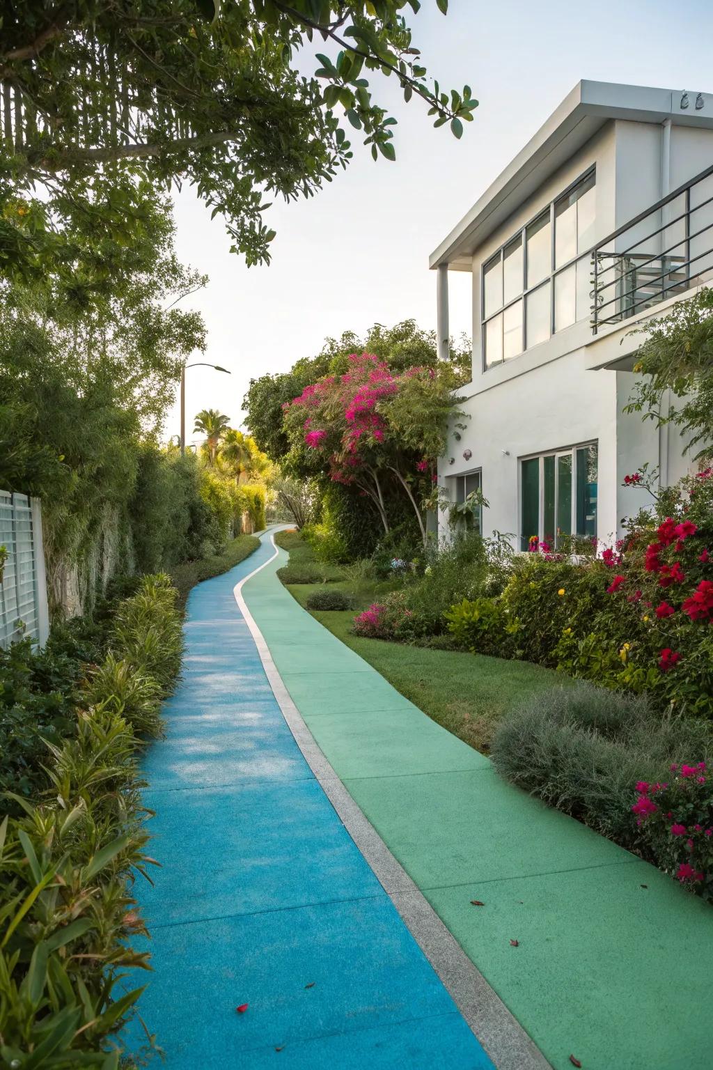 Colored concrete walkways add a pop of personality.