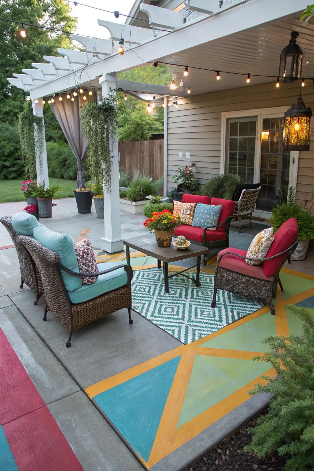 A painted concrete patio featuring contemporary furniture and decorative accents.