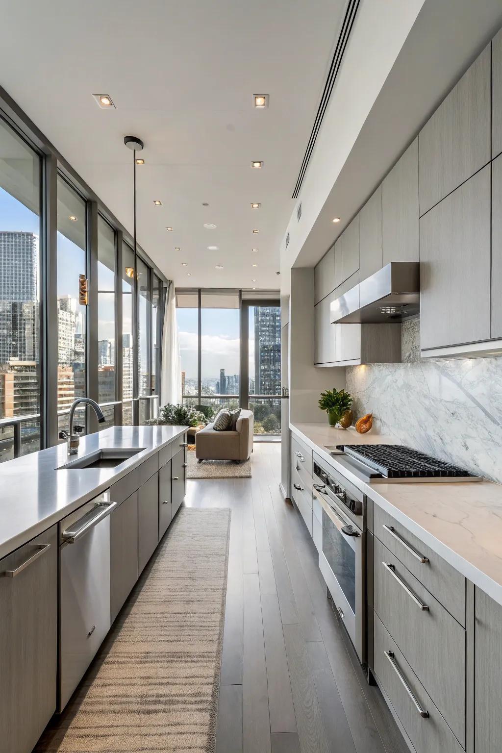 A modern condo kitchen with high-end finishes and an open layout.