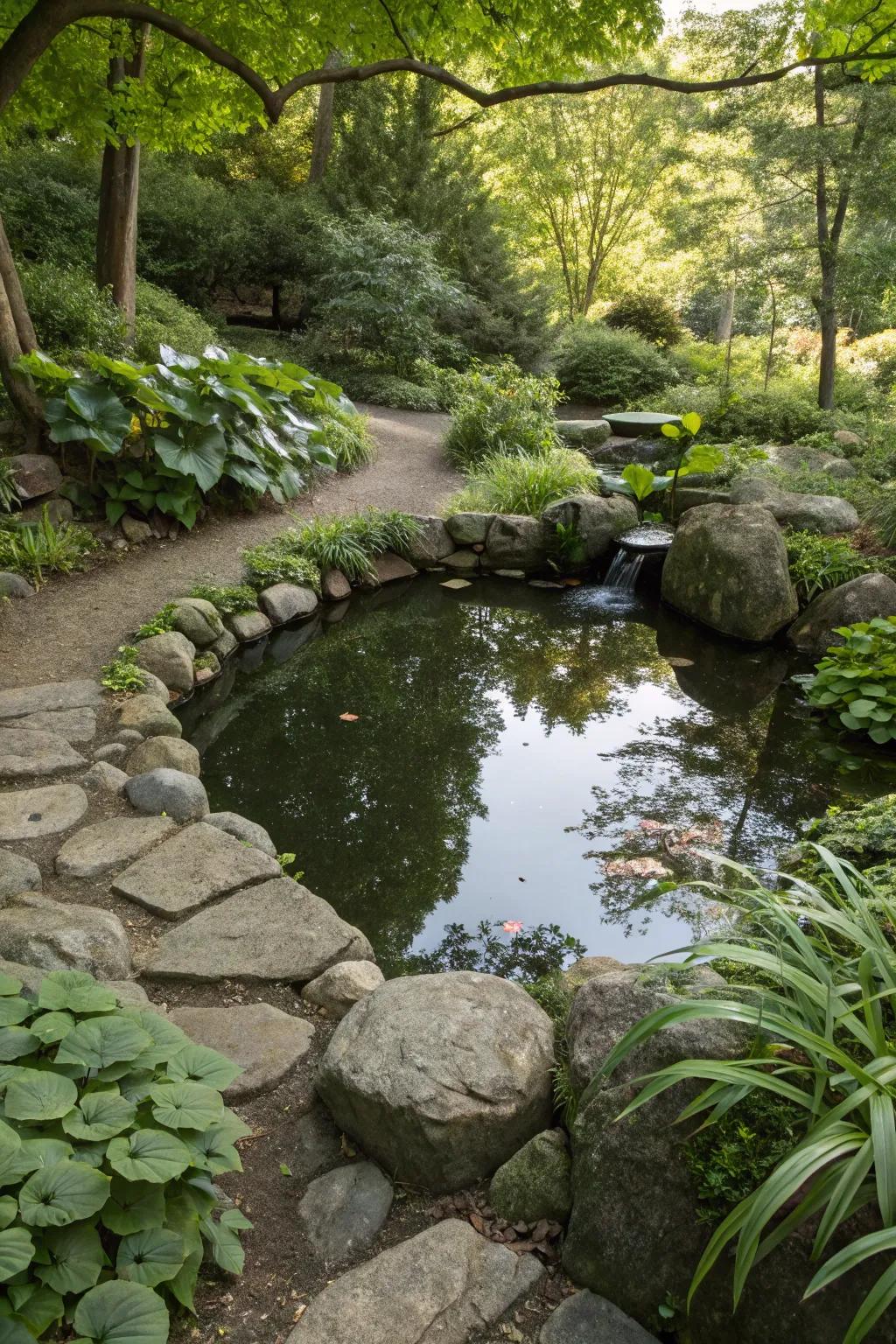 A serene garden pond teeming with life.