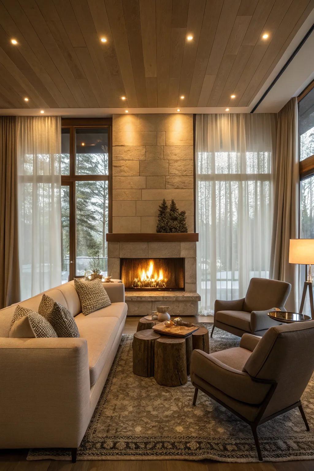 A fireplace serves as a warm focal point in your living room.