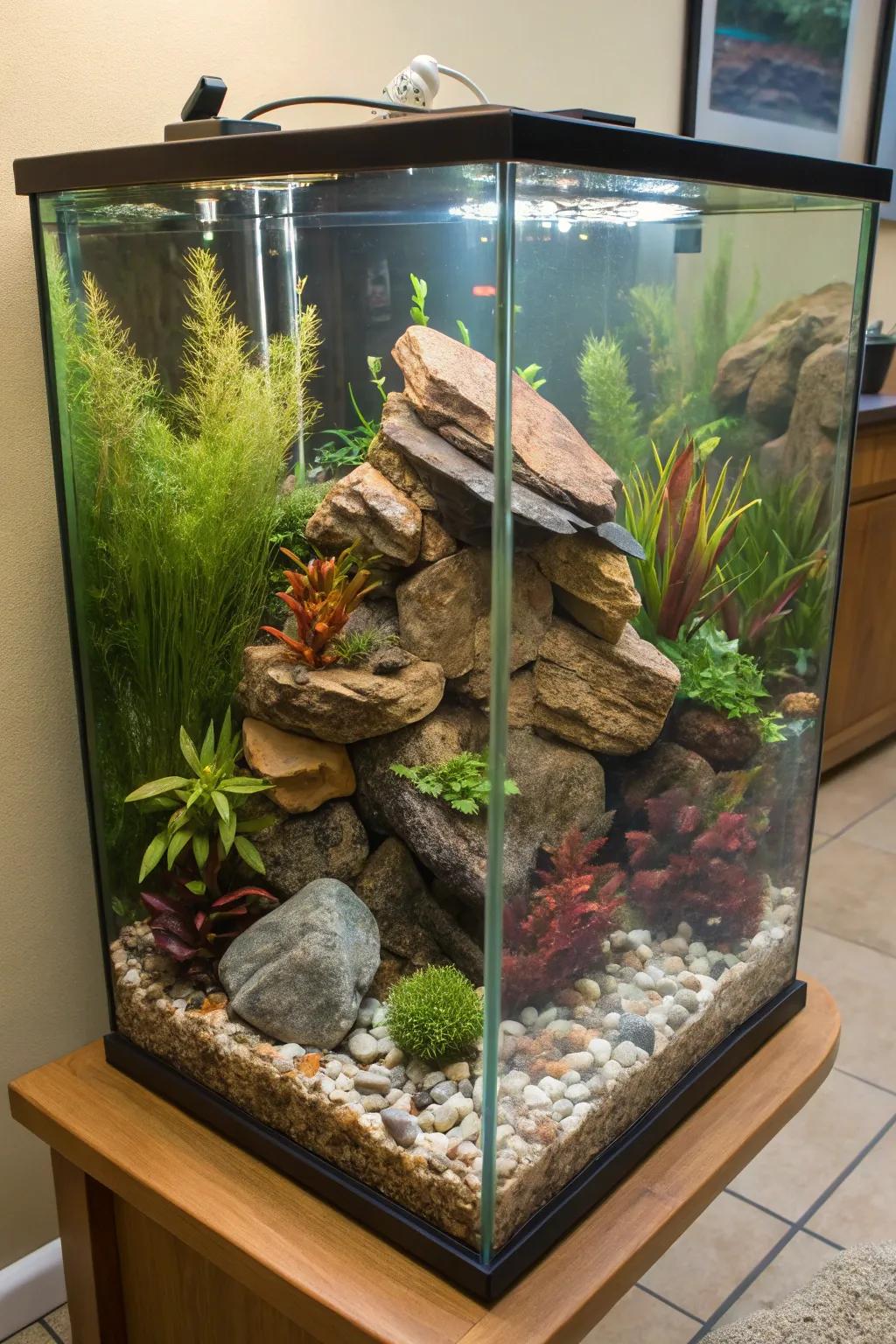 Artistic aquascaping revolutionizes a corner tank into an underwater work of art.