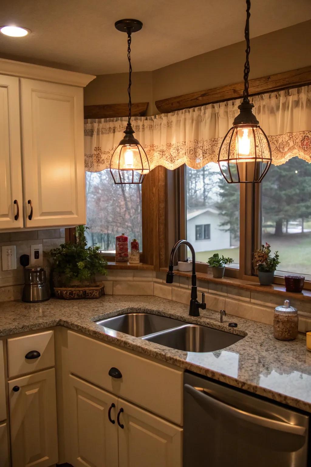 Pendant lighting above a corner sink, enhancing both function and ambiance.