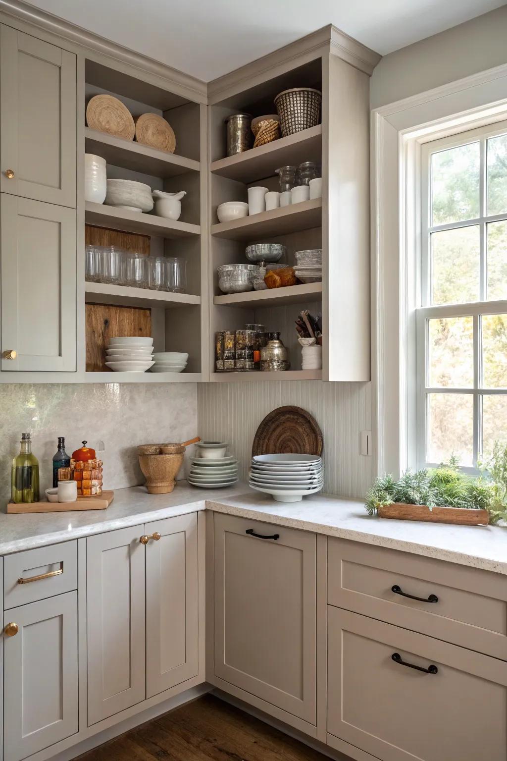 A mix of open and closed storage offers versatility in the kitchen.