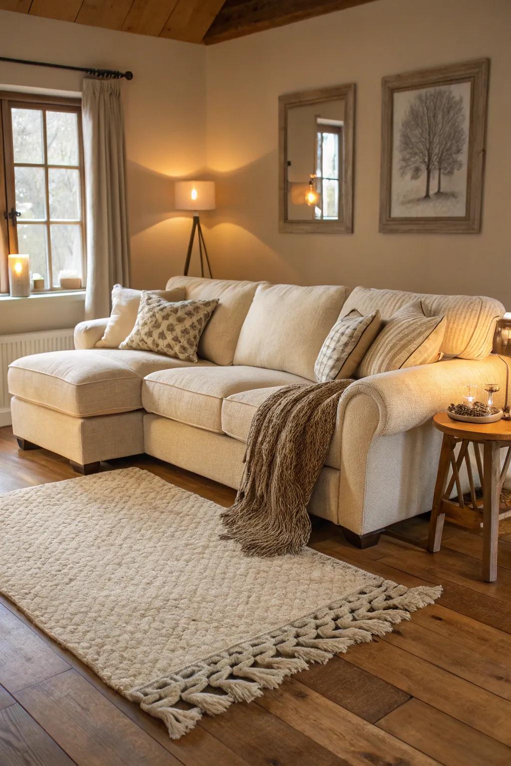 Unify your space with a rug that complements your corner sofa's style.