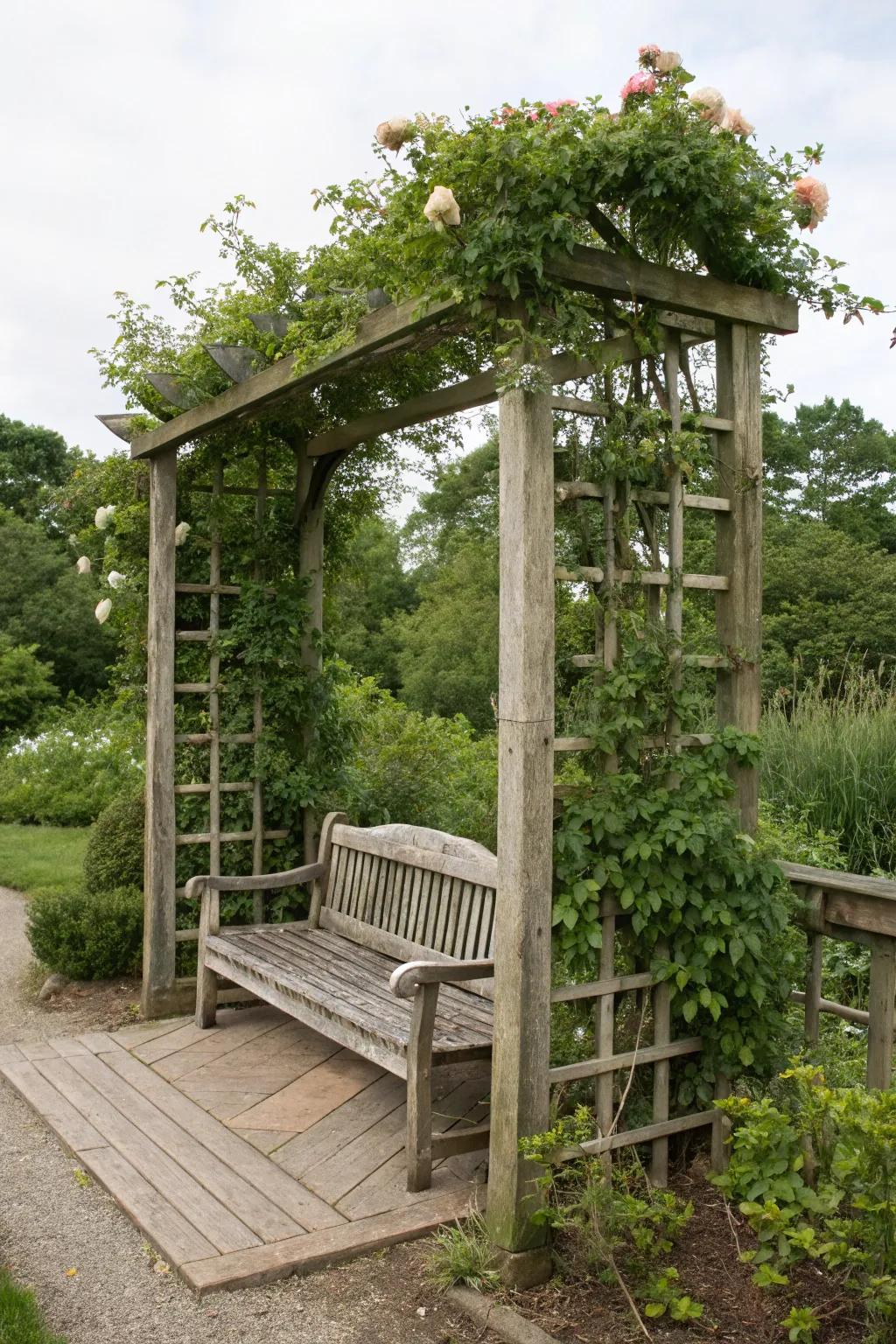 A trellis featuring a snug inset seating expanse.