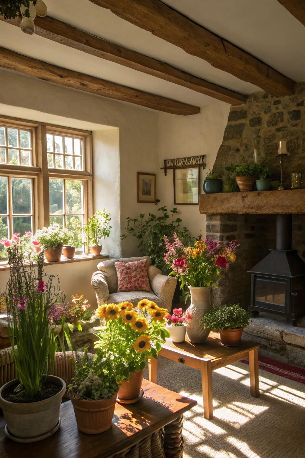 Botanical elements bring life and freshness to the living room.