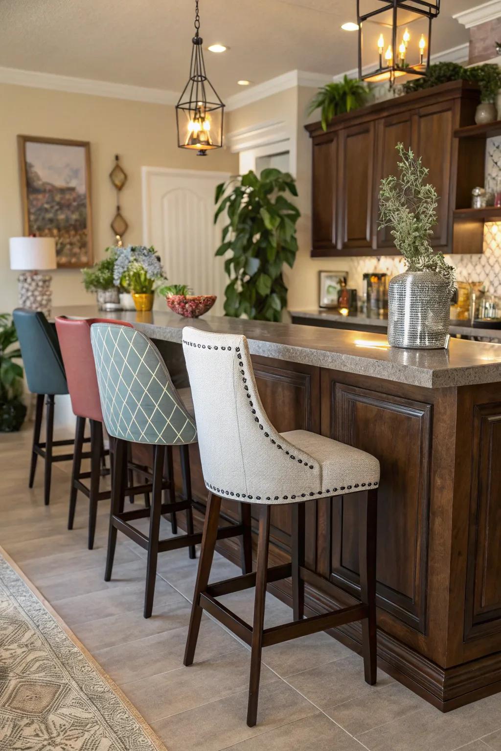A kitchen with a countertop bar featuring assorted bar stools.