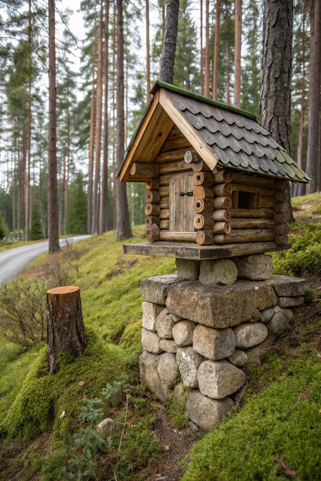 A log cabin mailbox embodies simple country warmth.