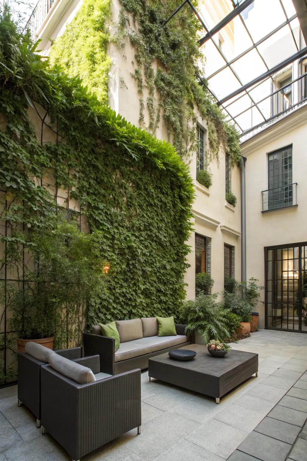 A vertical garden adds greenery and style to this courtyard patio.