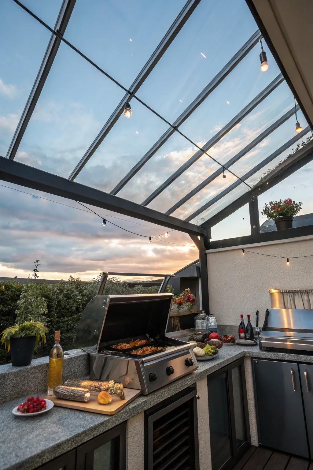 A sophisticated glass roof providing protection and a view in a grill area.