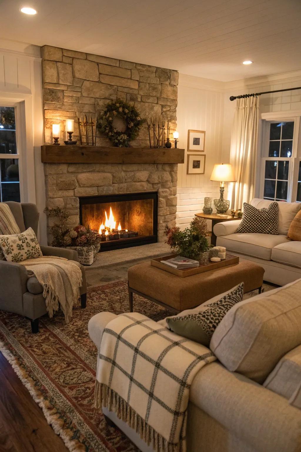 A fireplace establishes a warm and inviting focal point.