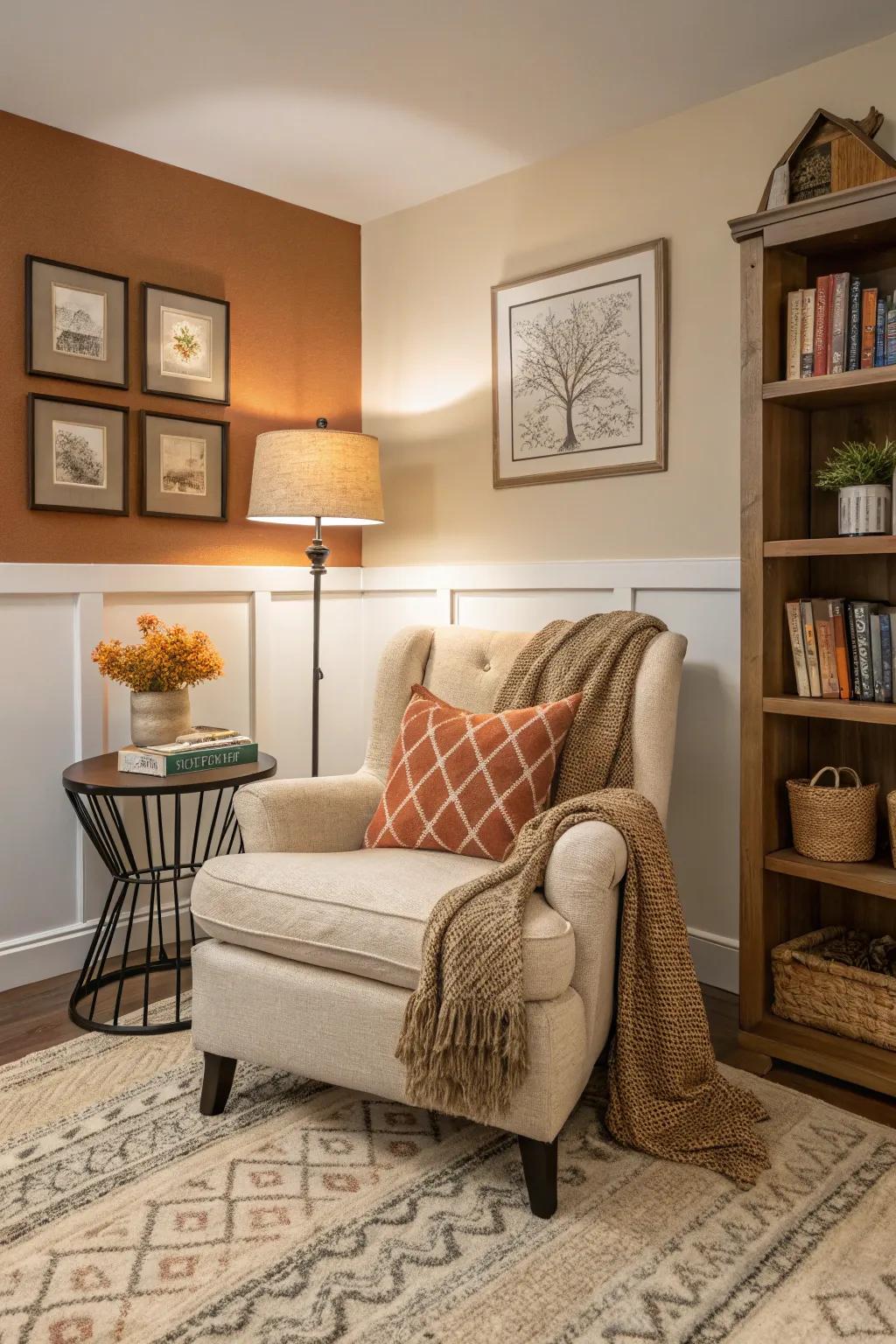Tranquil and warm tones create a soothing environment in this cozy reading nook.