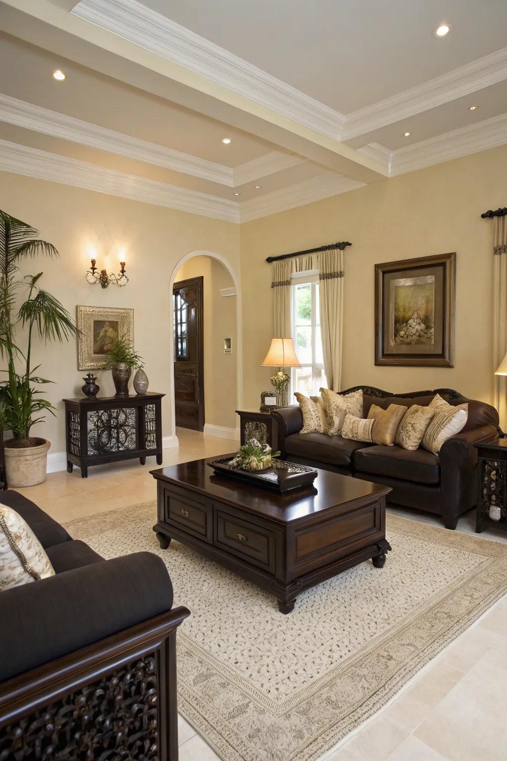 Contrasting elements add depth and balance to cream rooms.