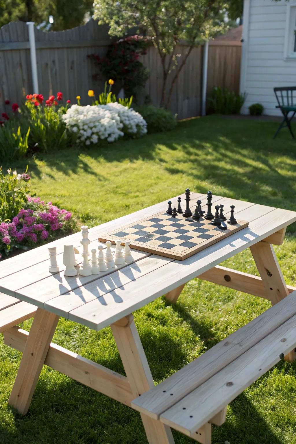 A picnic table featuring a built-in chessboard for endless outdoor fun.