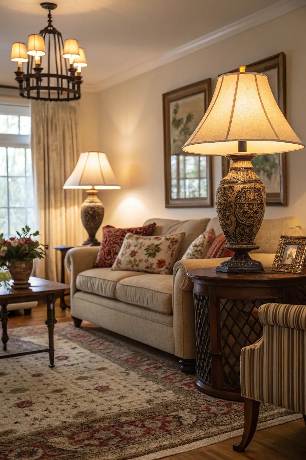 Layered lighting creating a warm and inviting atmosphere.