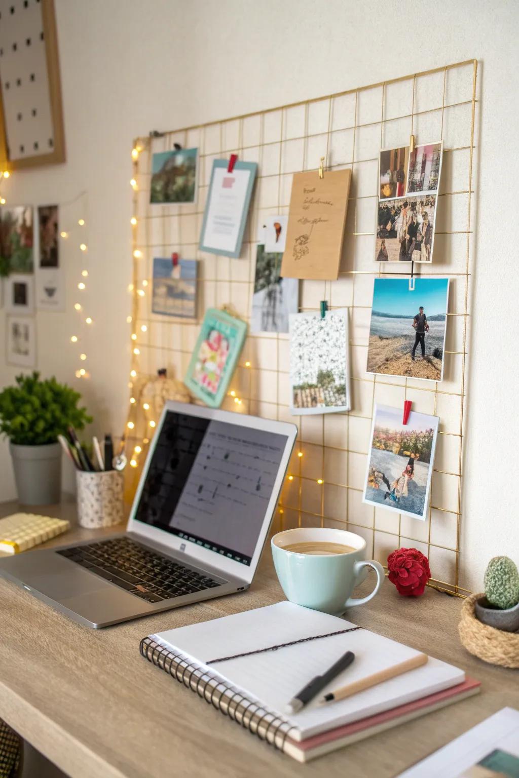 A desk with a corkboard featuring inspirational quotes and images.