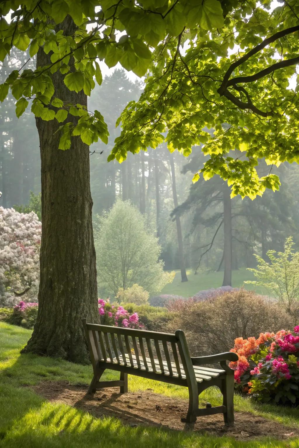 A wooden bench provides a serene spot to unwind in your garden.