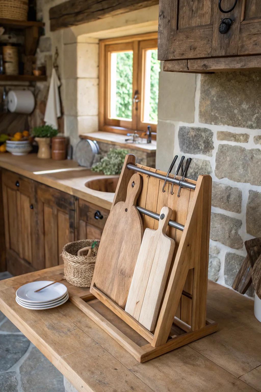 A DIY cutting board rack adding charm to the kitchen.