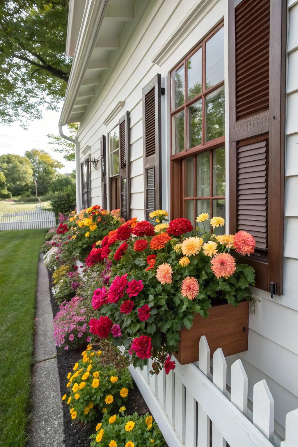 Window boxes bursting with dahlia blooms.
