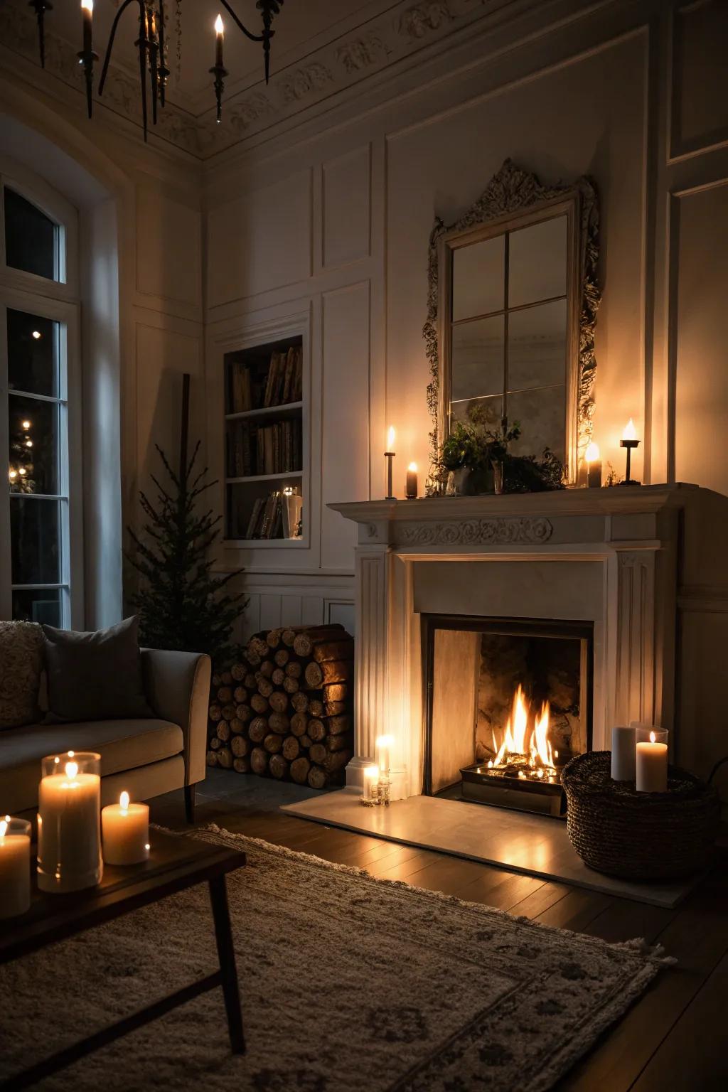 A fireplace transforms the room into a warm retreat.
