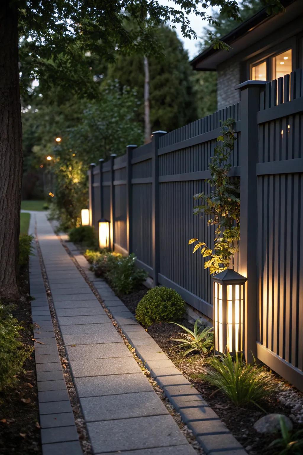 Outdoor lighting on a deep charcoal boundary creates mesmerizing light and shadow effects.