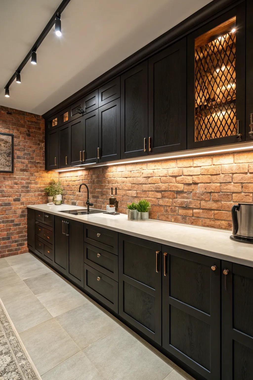 A textured brick splashback introduces dimension and visual interest to the kitchen.