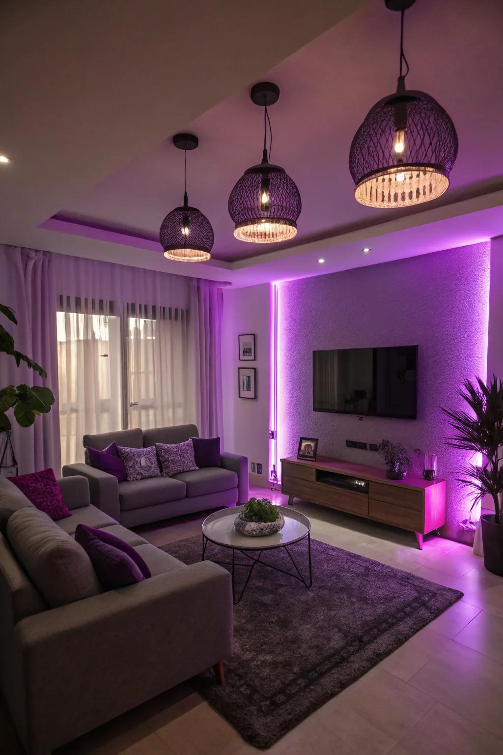 Purple lighting adds a mesmerizing glow to this cozy living room.