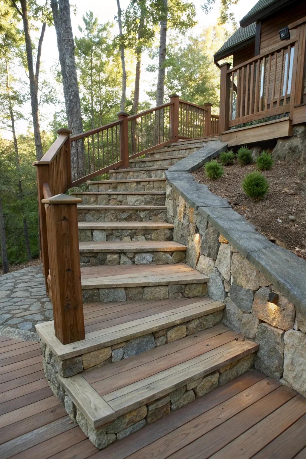 Deck stairs showcasing a blend of wood and stone for a unique look.