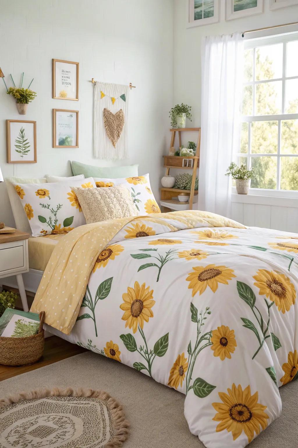 Sunflower bedding adds a cheerful touch to your personal sanctuary.