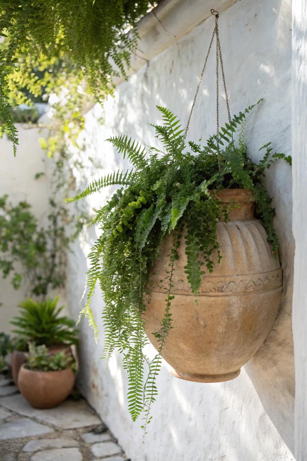 Elevate your garden space with minimalist wall-hanging clay pots for a touch of natural elegance.