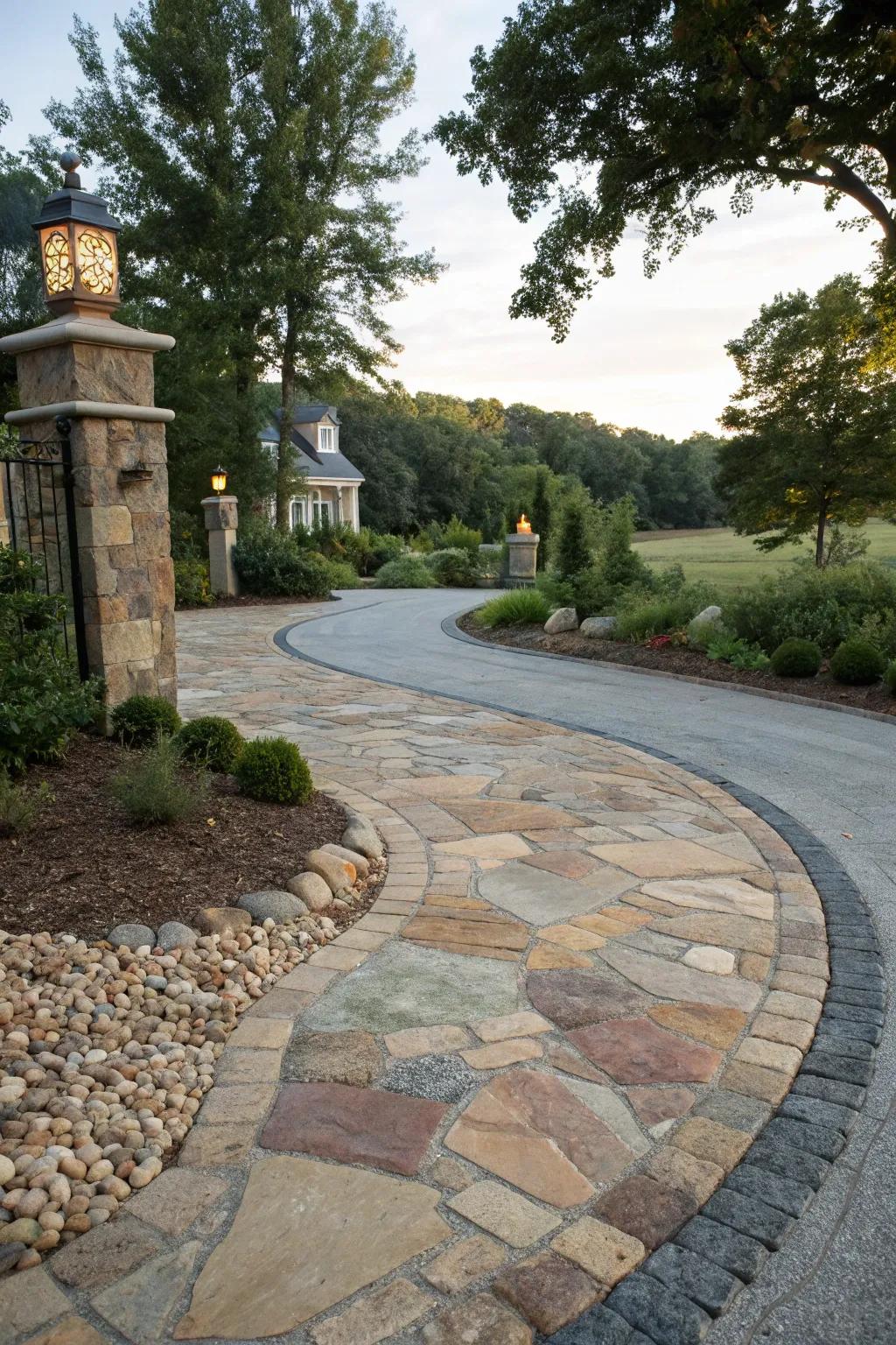 Natural stone adds elegance and character to this beautifully crafted driveway.