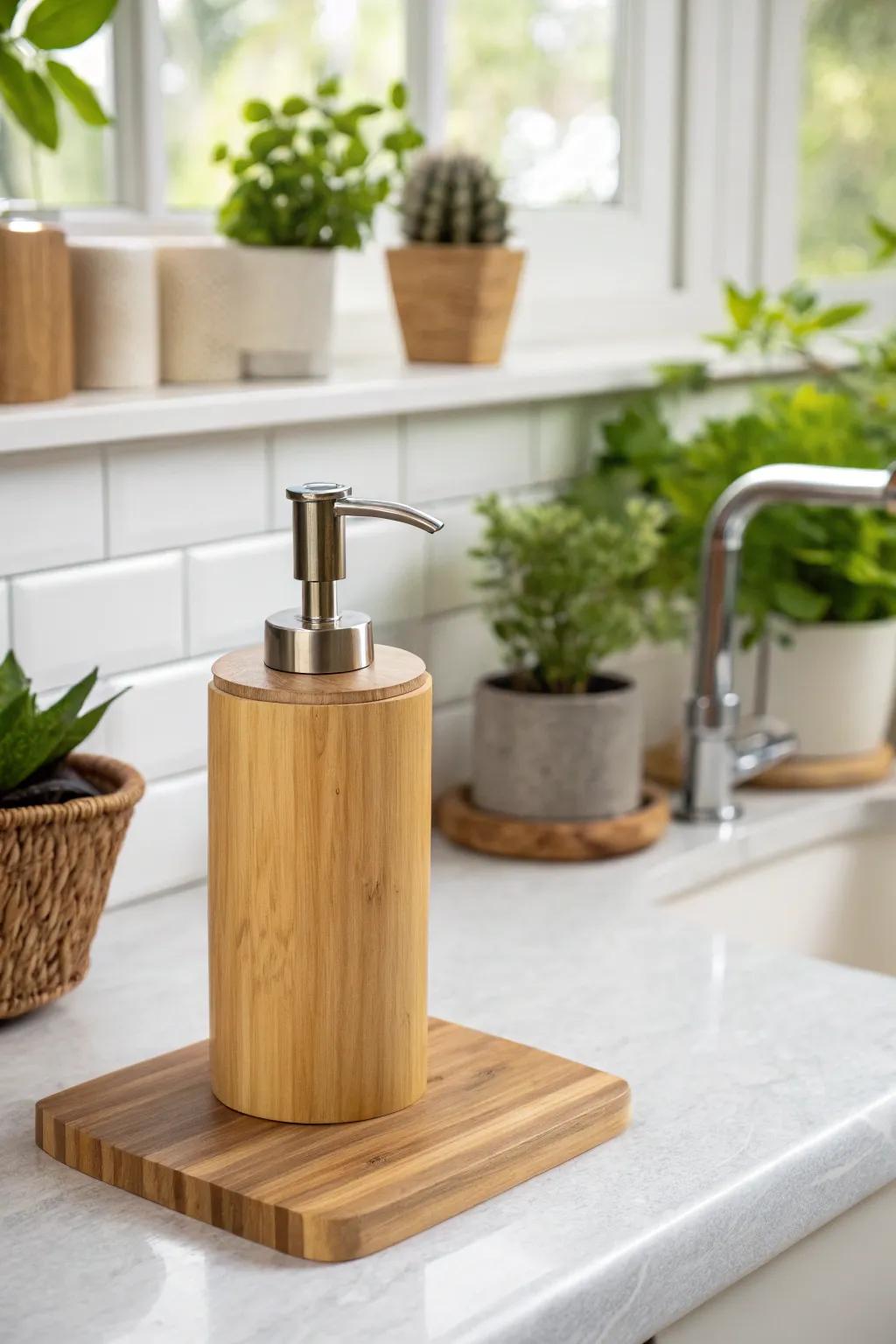 Eco-friendly bamboo dispensers bring natural beauty.