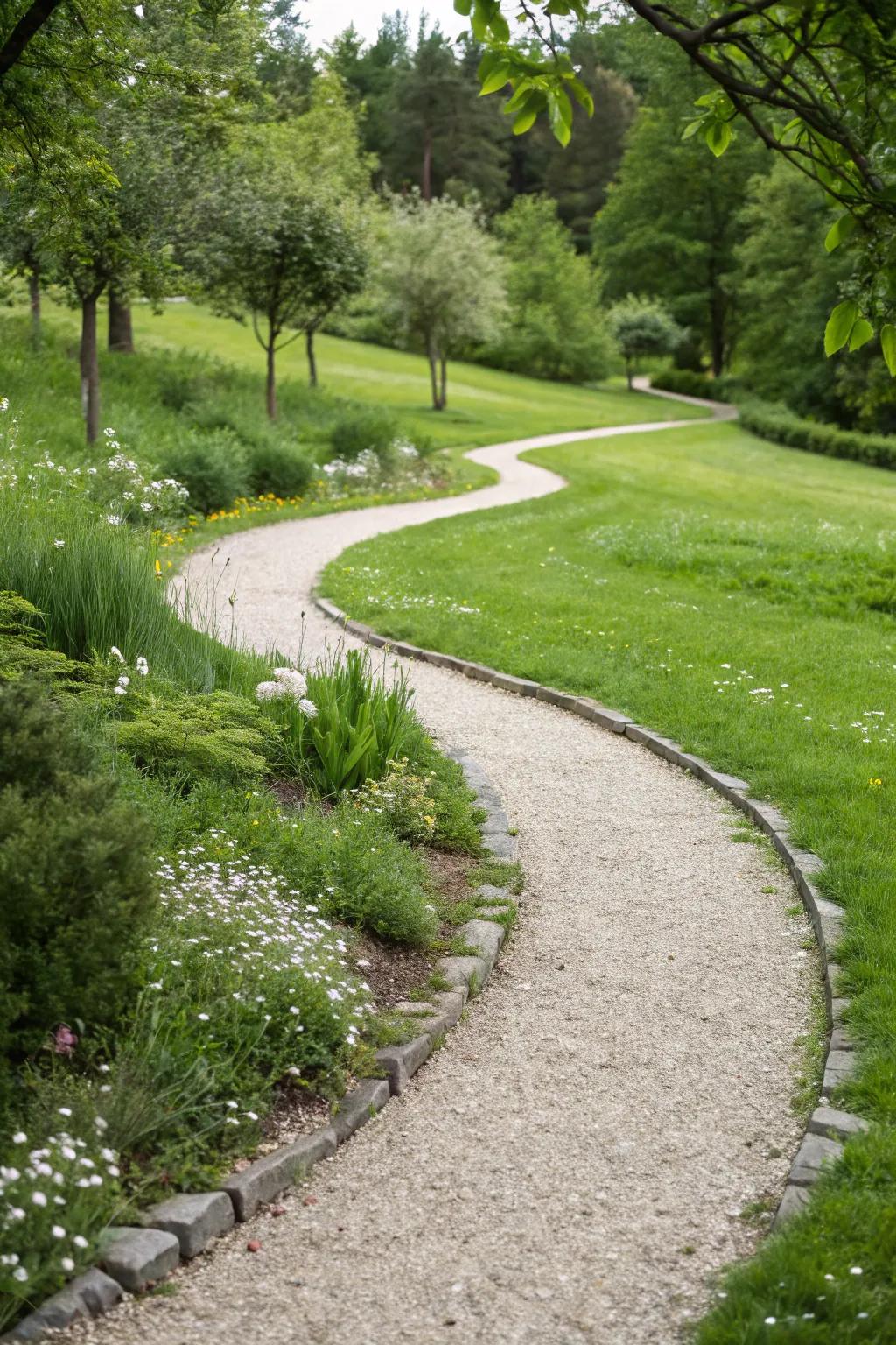 Discover the elegance of simplicity with a handcrafted gravel pathway that guides you through nature's embrace.