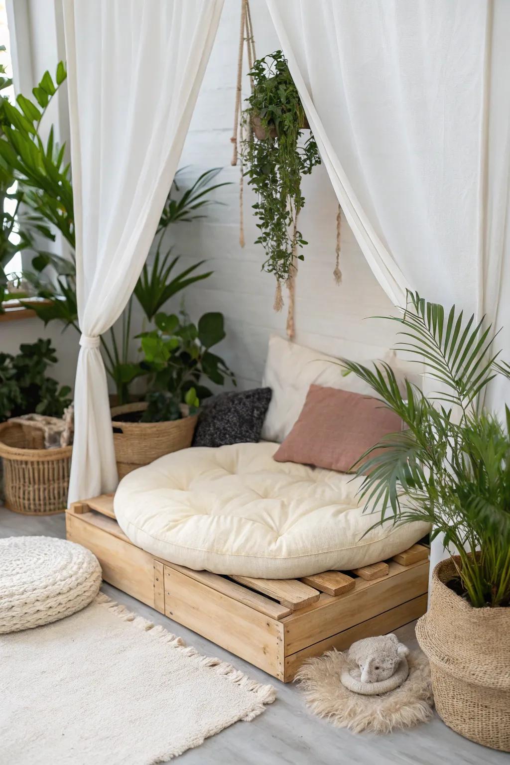 A serene Scandinavian-Boho cat haven for perfect afternoon naps.