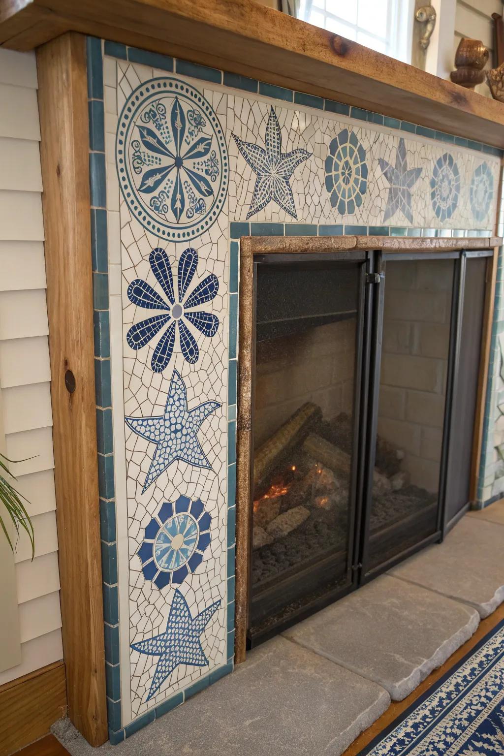 Transform your fireplace with a stunning DIY mosaic screen that brings coastal elegance into your living space.
