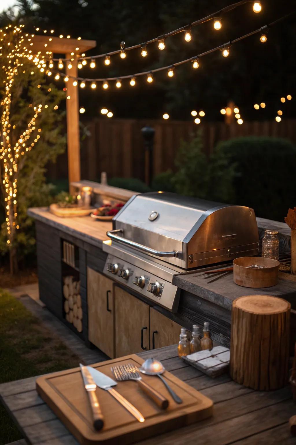 Transform your evenings with the magic of twinkling lights and masterful craftsmanship at your grill station.