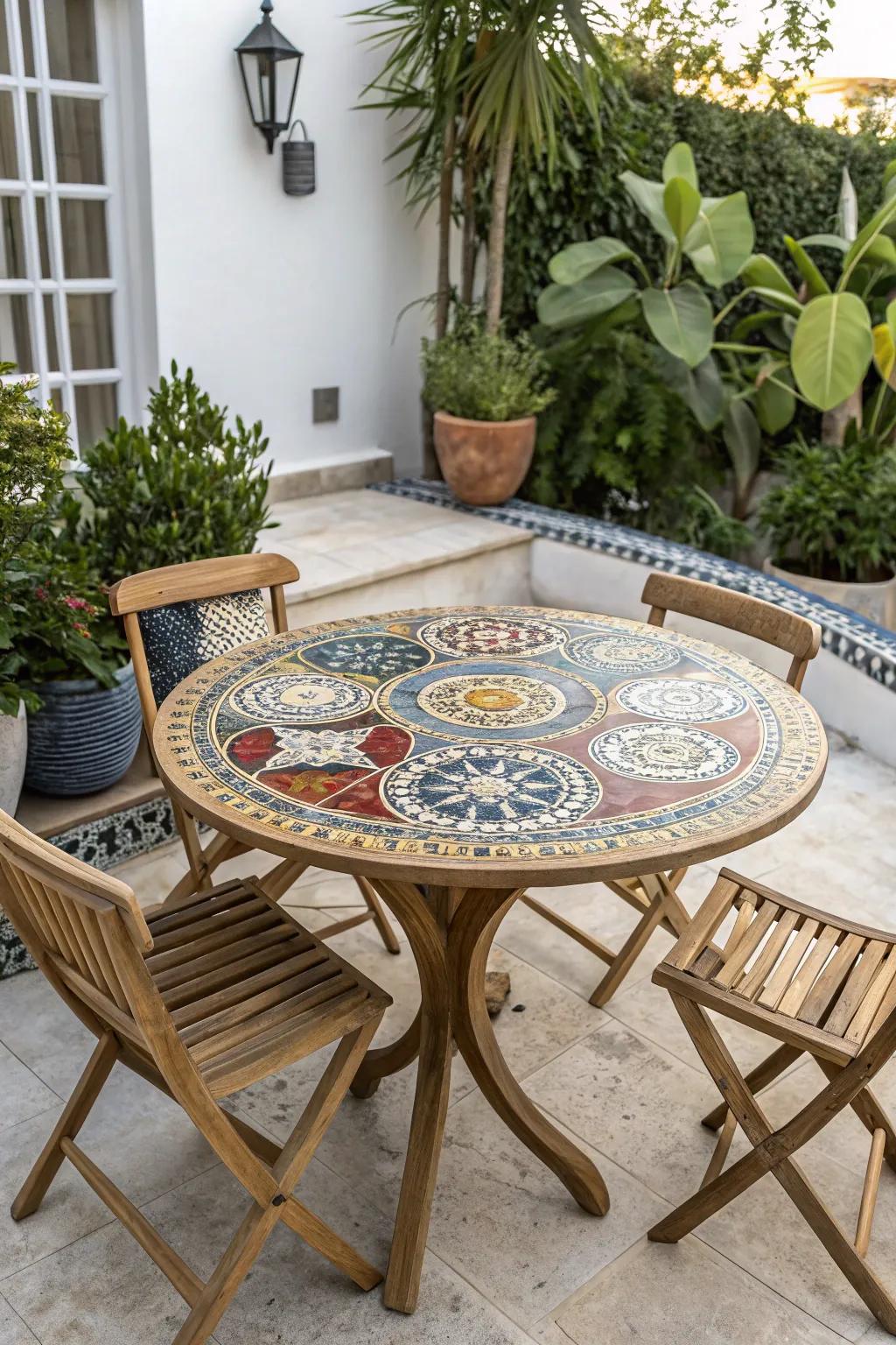 Elevate your outdoor space with a stunning mosaic tabletop, where art meets craftsmanship.