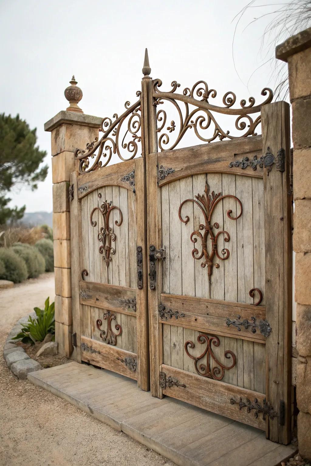 Vintage iron features bring rustic elegance to this wood gate.