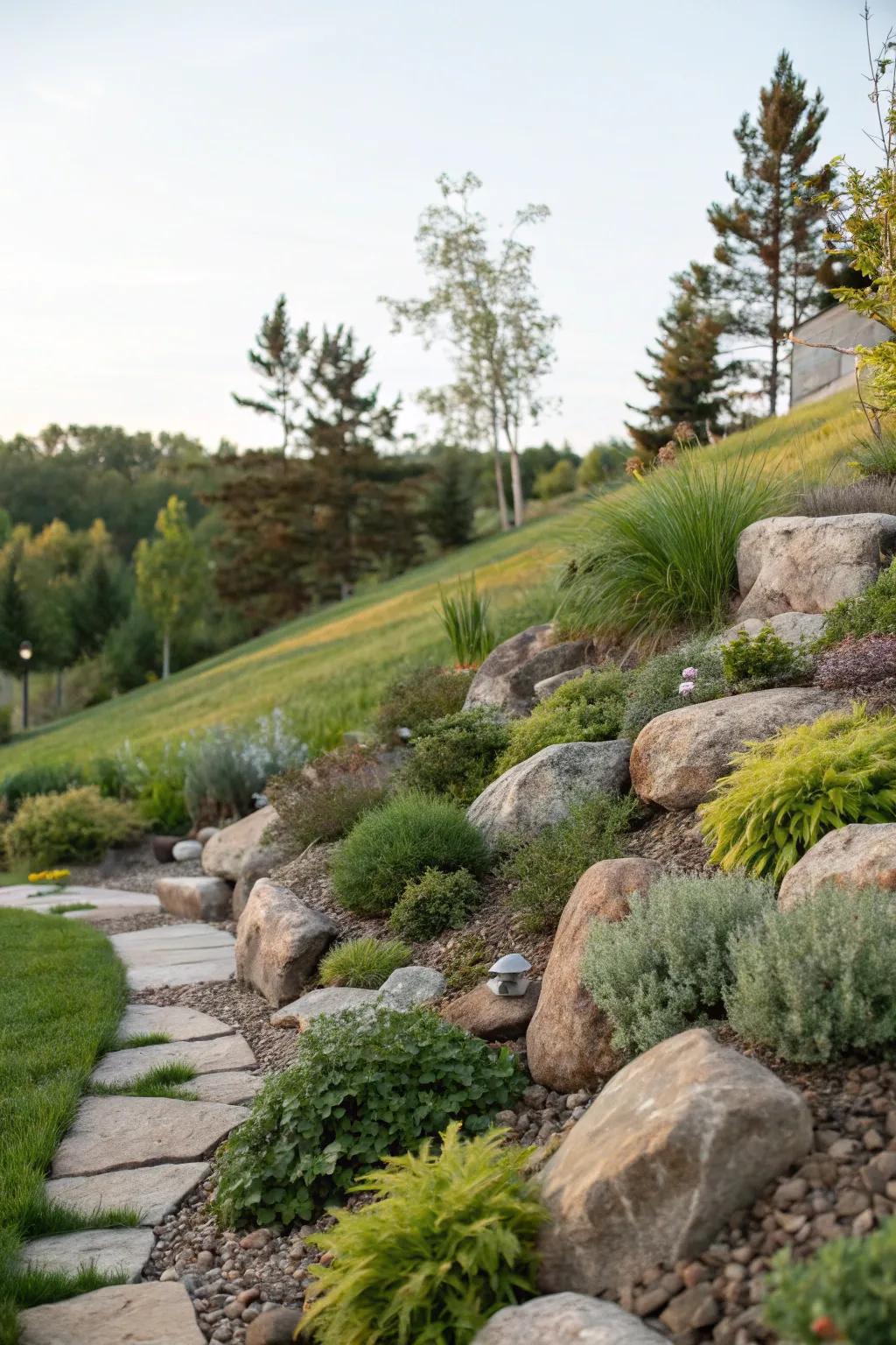 Natural landscaping integrates beautifully within a sloping backyard.
