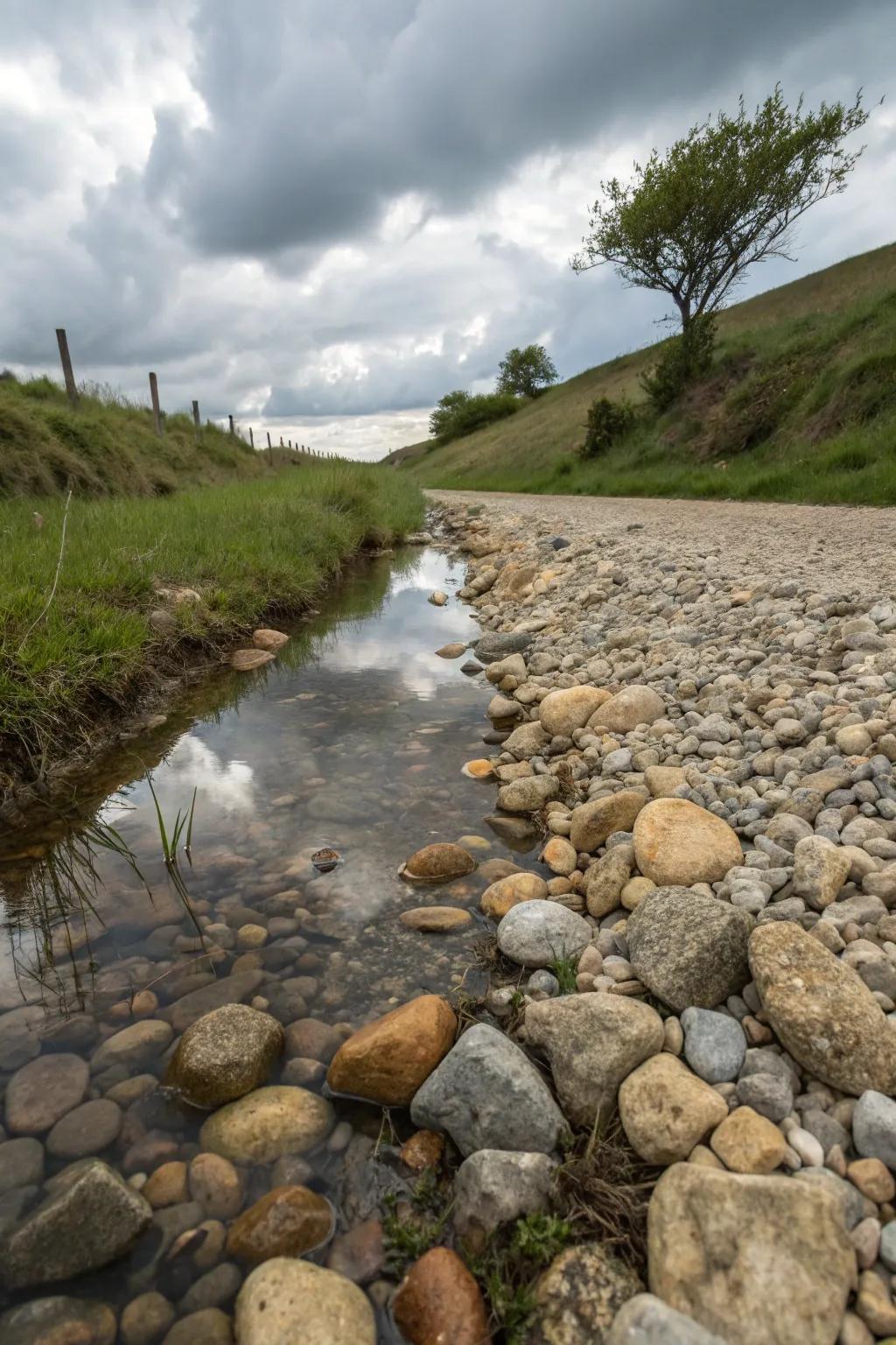 A textured combination of stones adds depth to a drainage swale.