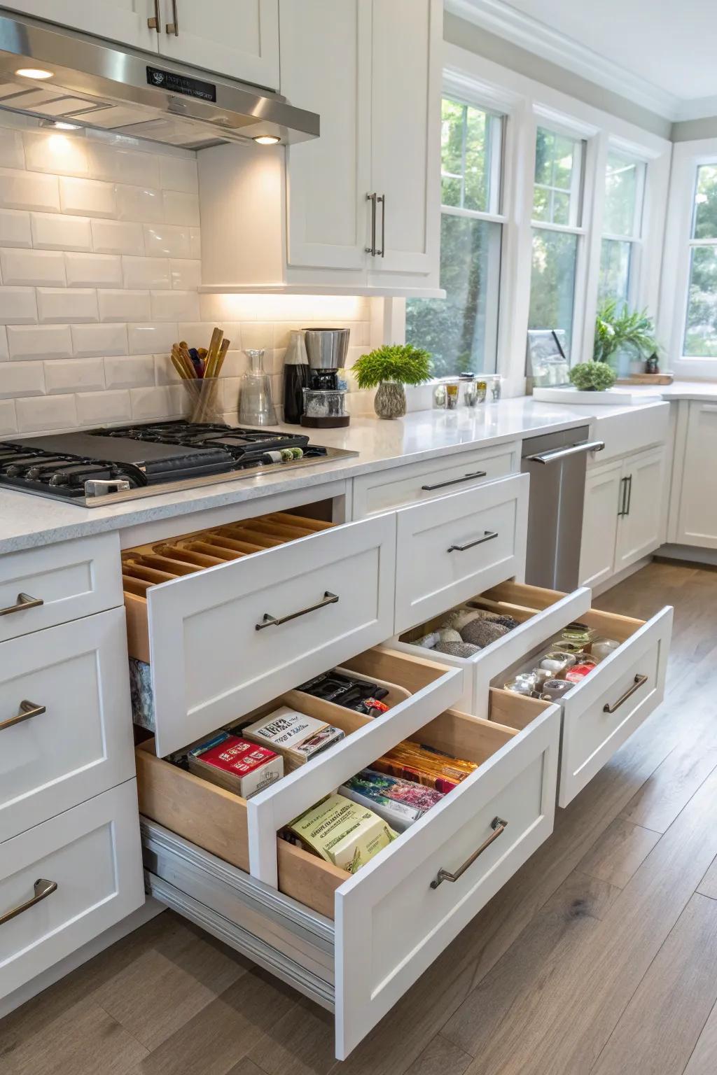 Smart storage solutions that keep the kitchen tidy and functional.